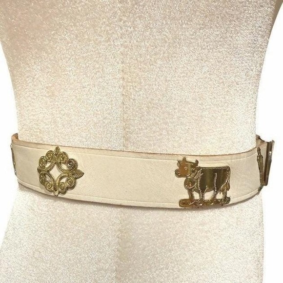 Vintage White Leather Belt Brass Cow Herder Swiss Folk Art Cottagecore 33 Inch main image 11